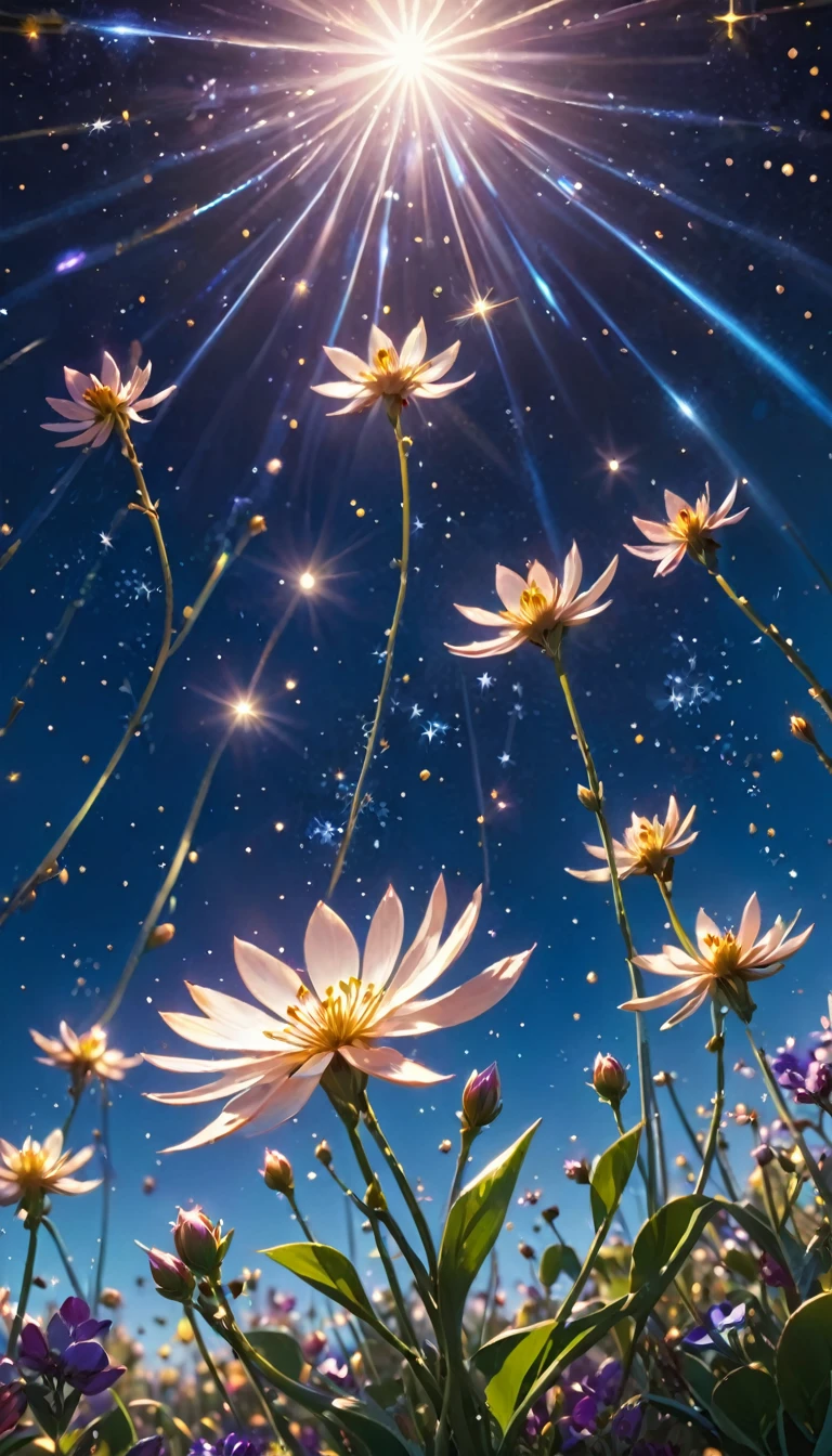 Amazing time-lapse sequence. Glowing shoots grow rapidly, Become beautiful, Petals sparkling、Extraordinary flowers shaped like constellations. high quality, masterpiece,comics,cinematic,Japanese cartoons,Number 3, fantasy, Sunlight, Blu-ray, Sunset, Soft Light. Disney style