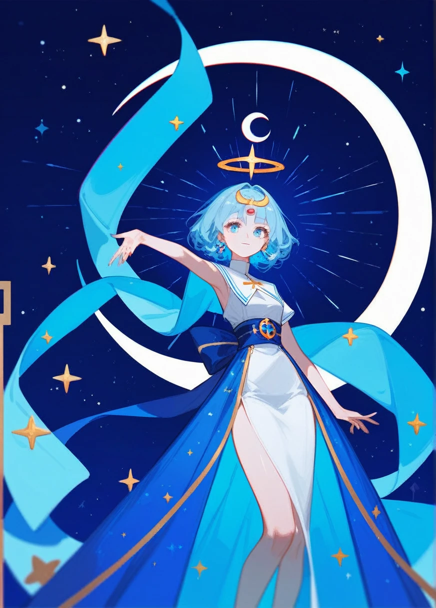 (Fraction_9,Fraction_8_Direction_7_up),1 Woman,((whole body)),Moon Goddess,Ball head,Blessing of Elune,There is a crescent moon behind,High Priest,Blue Hair,White眼睛,light blue colored skin,There is a six-pointed star on the clothes,White,Metal pattern at waist,Long skirt,Bare legs,