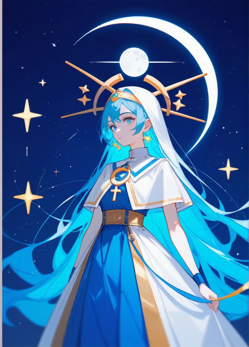 (Fraction_9,Fraction_8_Direction_7_up),1 Woman,((whole body)),Moon Goddess,Ball head,Blessing of Elune,There is a crescent moon behind,High Priest,Blue Hair,White眼睛,light blue colored skin,There is a six-pointed star on the clothes,White,Metal pattern at waist,Long skirt,Bare legs,