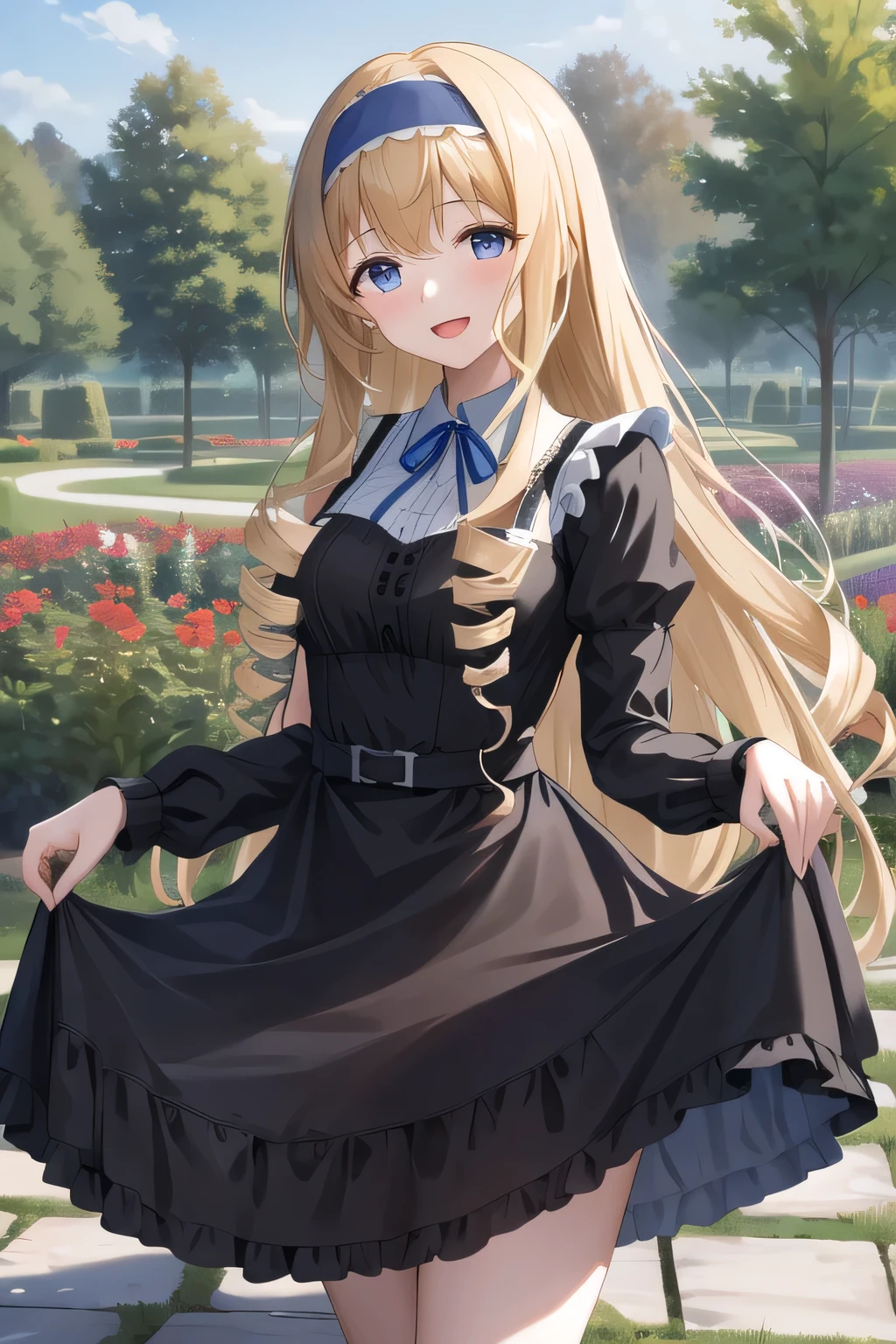 masterpiece, Highest quality, High resolution, Asecilia, Long Hair, Curly Hair, Drill Hair, Blue Hairband, Maid, Black Dress, Skirt Hold, garden, smile, Open your mouth, Are standing