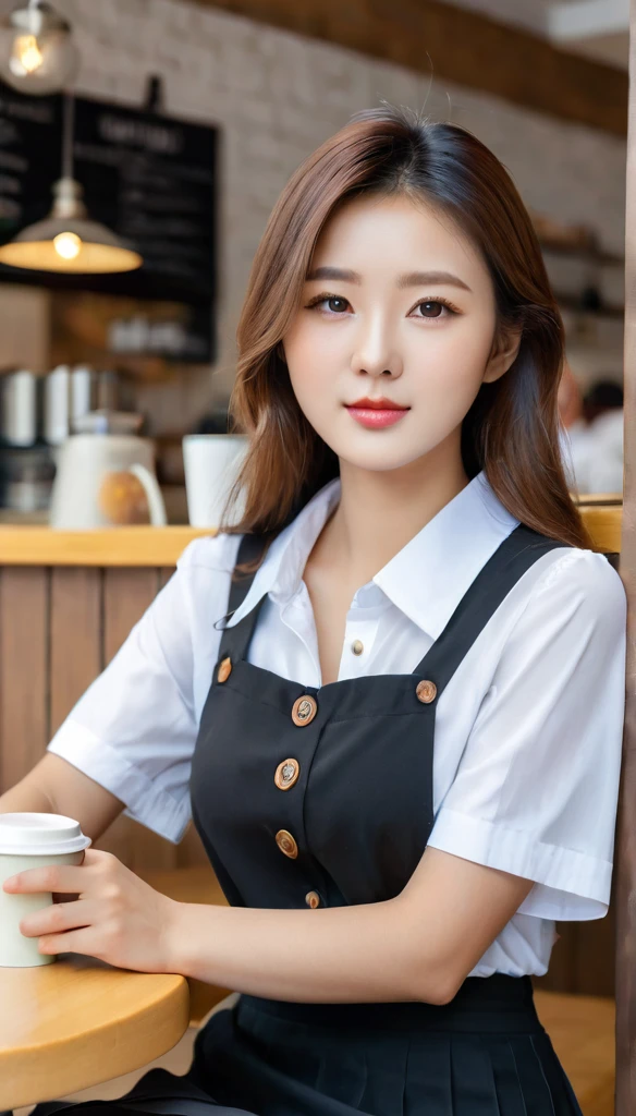 Close-up shot of beautiful korean female, 36 inch breasts size, straight long hair, wearing white short sleeve shirt, black skirt with bottons, black skirt, holding coffee mug, sitting in university 's cafe, uhd