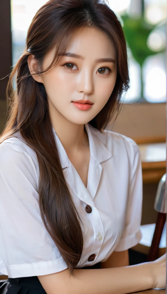Close-up shot of beautiful korean female, 36 inch breasts size, straight long hair, wearing white short sleeve shirt, black skirt with bottons, black skirt, holding coffee mug, sitting in university 's cafe, uhd