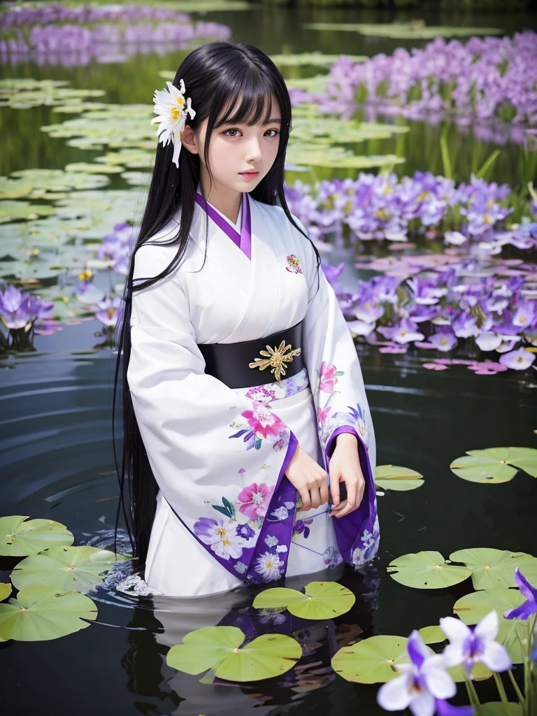 Anime illustration、masterpiece、Highest quality、One girl、Long straight black hair、Hair ornament is white flower、Eye color is green、Japanese style kimono、The obi is white、The obidome has a Mizuhiki pattern.、The background is the surface of the pond.、Lots of purple iris flowers、There is a kingfisher bird、Summer evening、The thirteenth night moon is in the sky