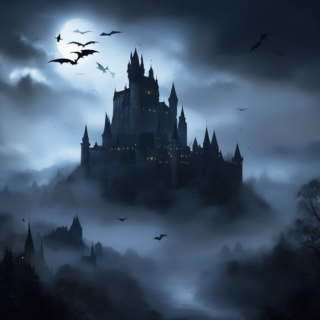 the kingdom of Blunder from a dark fantasy novel: a mist-covered landscape with dense, ancient forests, and a grand, shadowy castle towering over a medieval city with cobblestone streets and tall, gothic spires. Enchanted ruins and magical creatures hide in the background. The scene is filled with an eerie, mysterious atmosphere, with pockets of light breaking through the dense fog, symbolizing hope and resistance. The overall mood is dark, atmospheric, and magical, evoking a sense of danger and intrigue. Dragons flying in the sky.