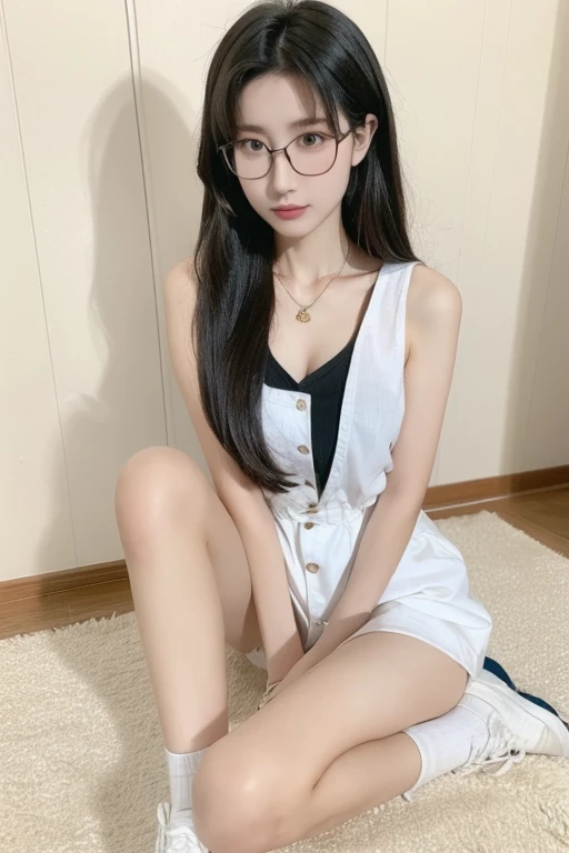 Highest quality、masterpiece、High sensitivity、High resolution、Detailed Description、Slender women、Slim Body、Glasses、Holding my knees、Sit on the ground、