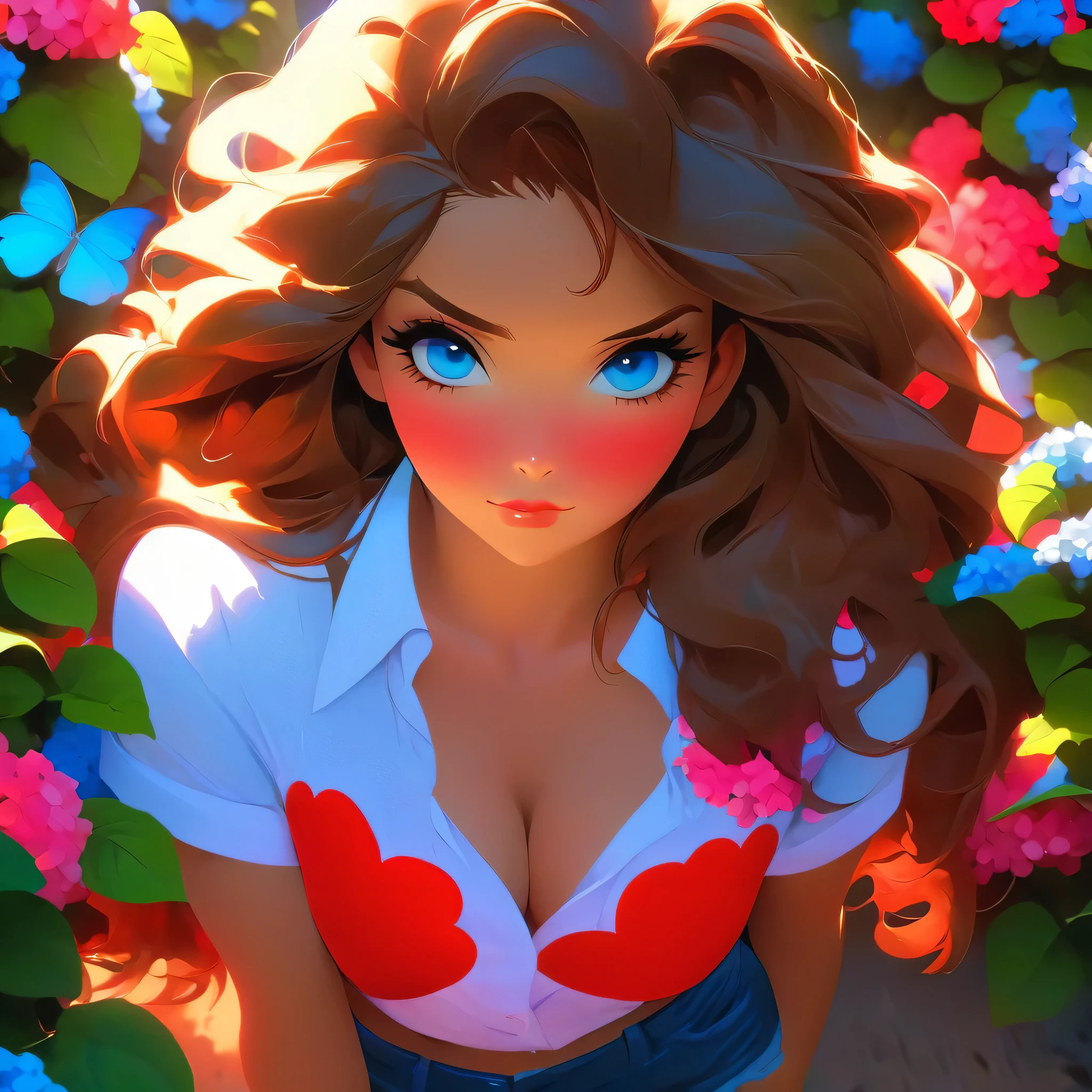 4K, June Scenario, Beautiful woman, long hair, chestnut hair, medium breasts, blue colored eyes, white shirt, hot pants, neon red heart necklace, gazing at viewer, natta, colorful hydrangea