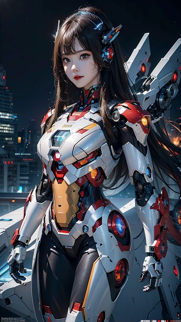 Super detailed, advanced details, high quality, 最high quality, High resolution, 1080P, Hard disk, beautiful,(Iron Girl),Beautiful cyborg woman,Mecha Cyborg Girl,battle mode,Mecha body girl,She wears an Iron Man mech,full body shot