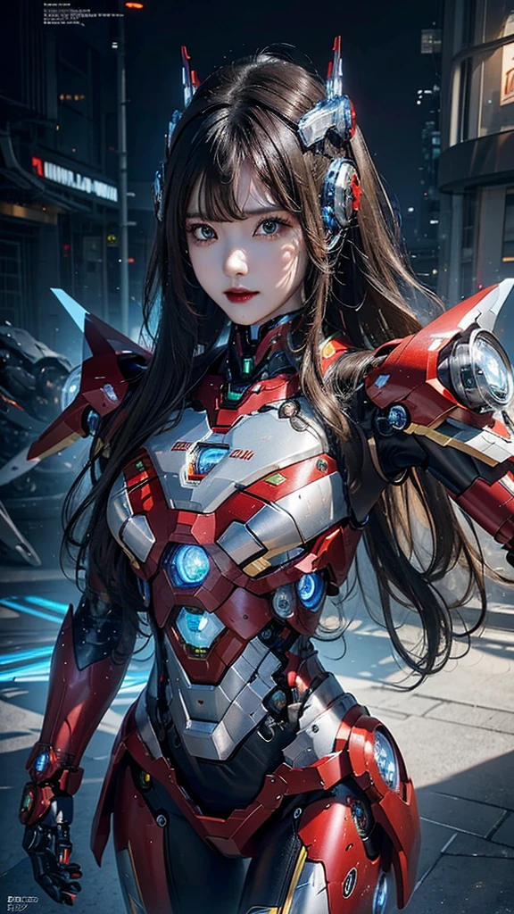 Super detailed, advanced details, high quality, 最high quality, High resolution, 1080P, Hard disk, beautiful,(Iron Girl),Beautiful cyborg woman,Mecha Cyborg Girl,battle mode,Mecha body girl,She wears an Iron Man mech,full body shot