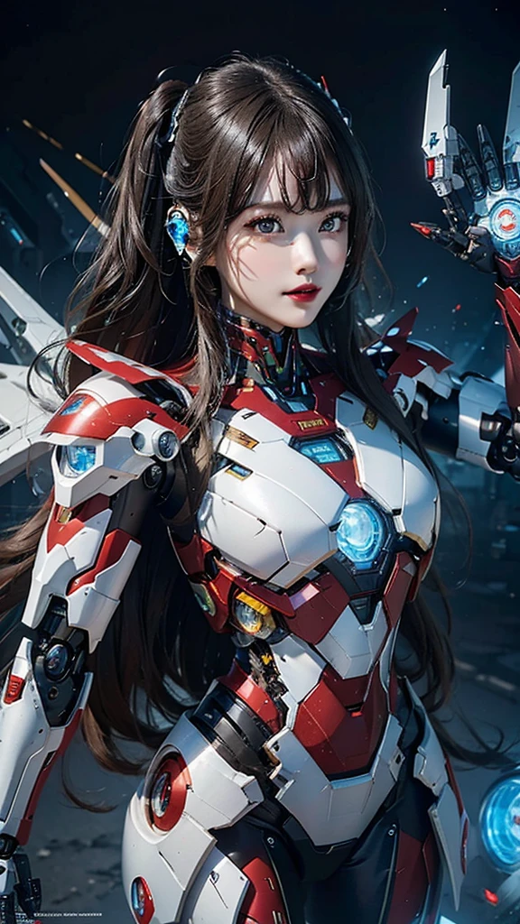 Super detailed, advanced details, high quality, 最high quality, High resolution, 1080P, Hard disk, beautiful,(Iron Girl),Beautiful cyborg woman,Mecha Cyborg Girl,battle mode,Mecha body girl,She wears an Iron Man mech,full body shot