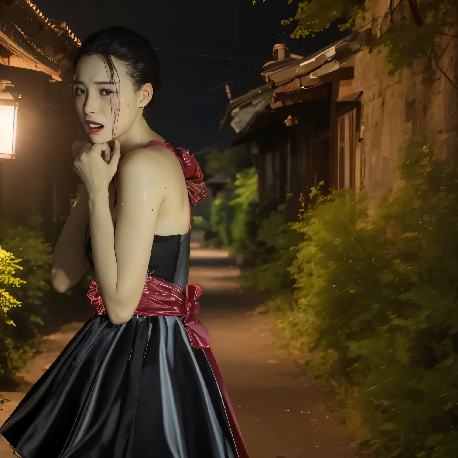 ((sad、Frightened expression))、((Sweaty、Blushing'cheek、Sweaty skin))、(8K, Highest quality, masterpiece:1.2), (Realistic, photo-Realistic:1.37), Very detailed,Highest quality, Ultra-high resolution, Professional Lighting, Photon Mapping, Radio City, Physically Based Rendering, Cinema Lighting, Midnight Road,Depth of the written border, Sharp focus,moonlight, Good composition,1 Girl,alone,(whole body), (whole body),Beautiful and beautiful eyes,((Red eyes、I'I'm afraid of something))、 Pause, Tight waist,Japanese , Black Hair,Messy Hair,Long hair blowing in the wind,((Navy blue socks))、(Urzan-6500:1.2)、 Mix 4,