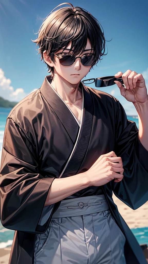 (One boy,Gojo Satoru,JUJUTSU KAİSEN),black round lens sunglasses,artwork