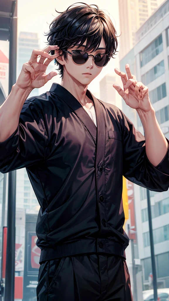 (One boy,Gojo Satoru,JUJUTSU KAİSEN),black round lens sunglasses,artwork
