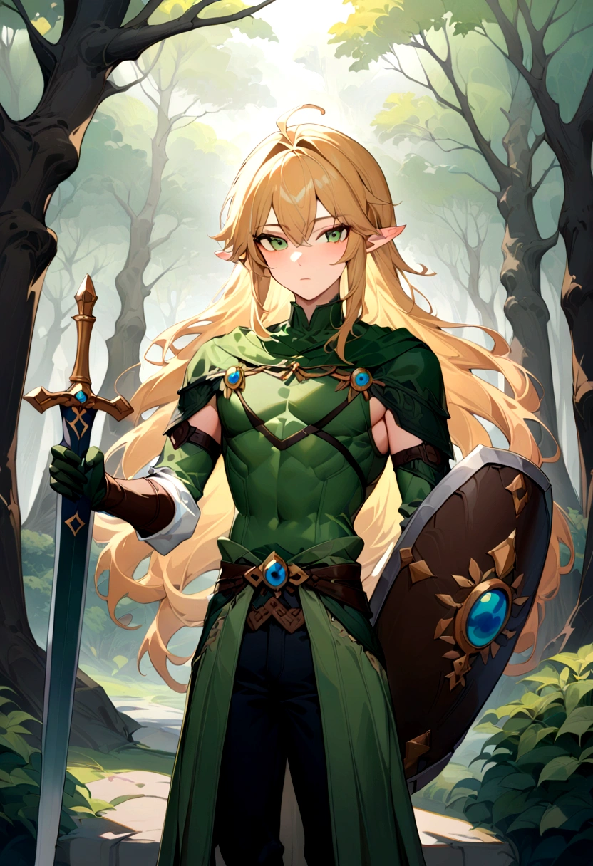 1boy, Link, The Legend of Zelda, Generate a high-fidelity, detail-oriented closeup of Link from the Legend of Zelda holding a sword and shield. The setting is a forest background, with elements such as trees and shrubs subtly included in the background. The image should mimic the texture and depth of an oil painting, expressing the character's confident nature yet also its beauty in a poignant and compelling way, influenced by the art of Lou Xaz, masterpiece, best quality, very aesthetic, absurdres