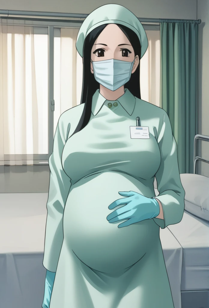 score_9, score_8_up, score_7_up, source_anime, raw image, masterpiece, highest quality, natural light, patient room background, kasuganoray, good shape, pale skin, shy eyes, big breasts, scrubs, surgical mask, surgical cap, long sleeve surgical dress,
1girl, pregnant, solo, long rubber gloves, looking down, furrowed brow, hospital bed, standing
