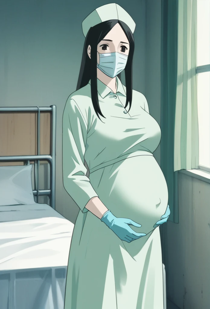 score_9,  score_8_up, score_7_up, source_anime, raw image, masterpiece, highest quality, natural light, patient room background, kasuganoray, good shape, pale skin, shy eyes, big breasts, scrubs, surgical mask, surgical cap, long sleeve surgical dress,
1girl, pregnant, solo, long rubber gloves, looking down, furrowed brow, hospital bed, standing