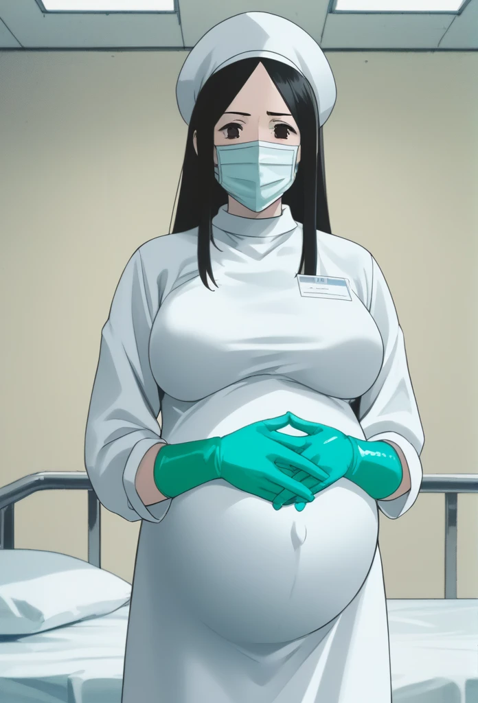 score_9, score_8_up, score_7_up, source_anime, raw image, masterpiece, highest quality, natural light, patient room background, kasuganoray, good shape, pale skin, shy eyes, big breasts, scrubs, surgical mask, surgical cap, long sleeve surgical dress,
1girl, pregnant, solo, long rubber gloves, looking down, furrowed brow, hospital bed, standing