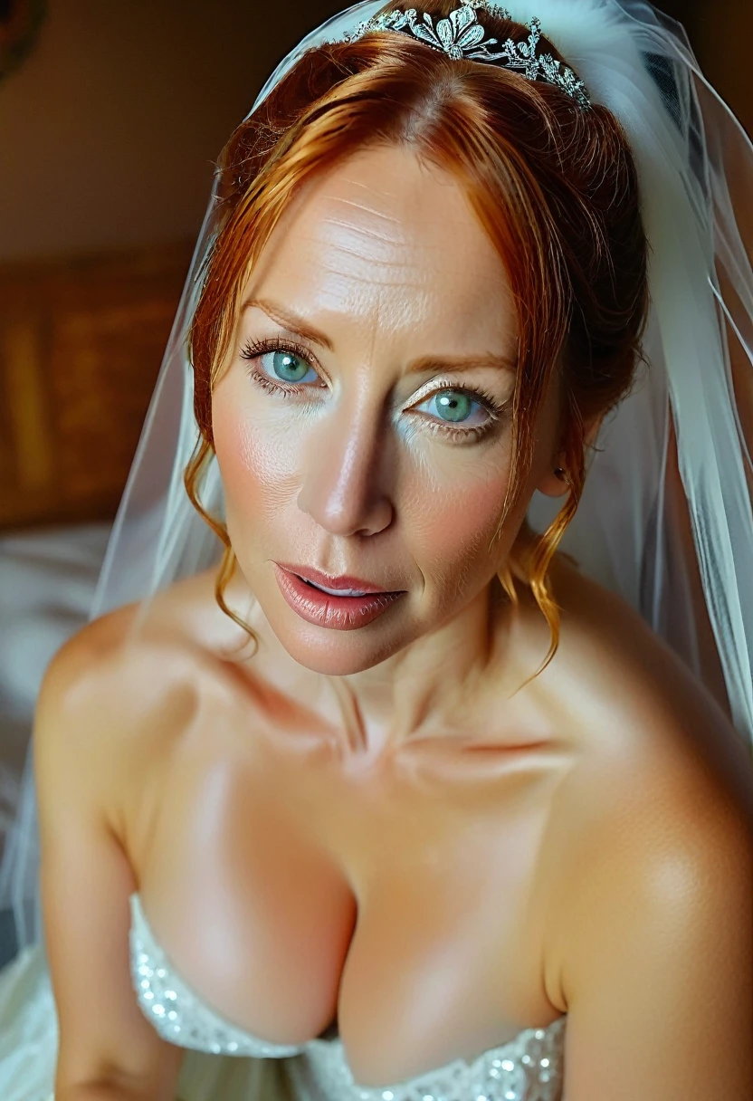 Highest quality, masterpiece, 8K, Realistic, Realistic, Natural light, beautiful Dutch mature lady , 45yo,Beautiful woman staring at camera, Highly detailed face and skin texture, Very fine eye,wedding dress, bridal veil, church , Beautiful redhead hair, (symmetrical hair length), (Straight hair), huge saggy tits , open mouth ,pale skin