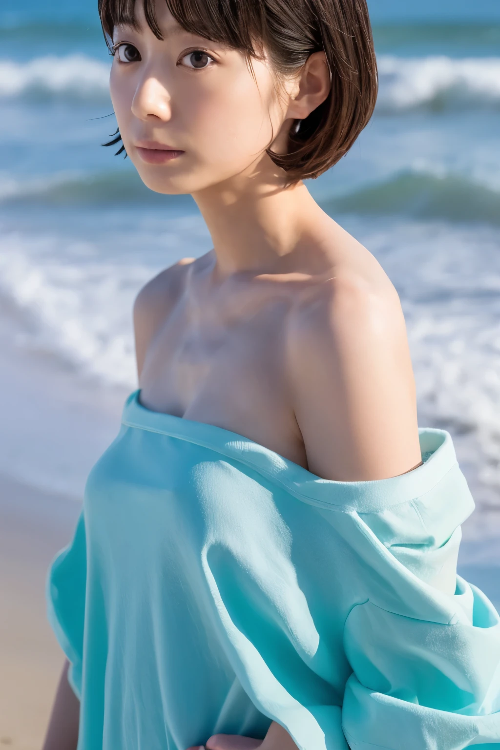 Top quality, realistic, perfect human body structure, very detailed, very delicate and beautiful, RAW photography, beach, professional lighting, luminescence, depth of field, single focal, full body, Skinny Japanese lady, 30 year old lady, brown hair, small head, beautiful eyes, real face, realistic skin, detailed eyes, (fashionable hairstyle: 1.3), sexy pose, absurderes, Incredibly Ridiculous res, Extremely fine, Blouse