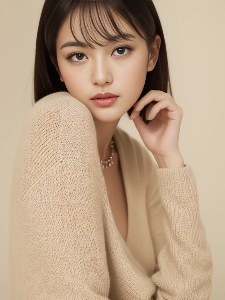 ((Tabletop,Highest quality)), (Like the picture:1.4),(((Tabletop,8K)),White wall,(White Room),((Full body photo))),Photographed in natural light,Highly detailed face and skin texture,Highly detailed lips,The correct state of the human body,Ultra-high resolution,(Photorealistic:1.4),Highest quality, One beautiful woman, 38 years old, s, 60mm lens, light beige knit,(Medium Hair),Japanese women,(Black Hair),Various poses,Looking into the camera,Natural lip color, necklace