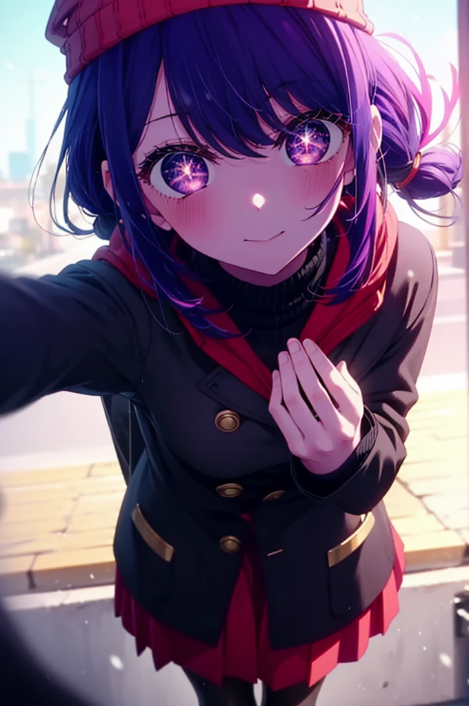 aihoshino, Ai Hoshino, Long Hair, bangs, (Purple eyes:1.1), Purple Hair, (Symbol-shaped pupil:1.5), smile,smile,blush,Open your mouth,Knitted hat,Black-rimmed glasses,Purple long coat,V-neck sweater,Long skirt,Black pantyhose,short boots,Red muffler,It's snowing,Snow is falling,Walking,whole bodyがイラストに入るように, evening,sunset,The sun is setting,
break outdoors, Snow Country,
break looking at viewer, whole body,
break (masterpiece:1.2), Highest quality, High resolution, unity 8k wallpaper, (figure:0.8), (Beautiful attention to detail:1.6), Highly detailed face, Perfect lighting, Highly detailed CG, (Perfect hands, Perfect Anatomy),