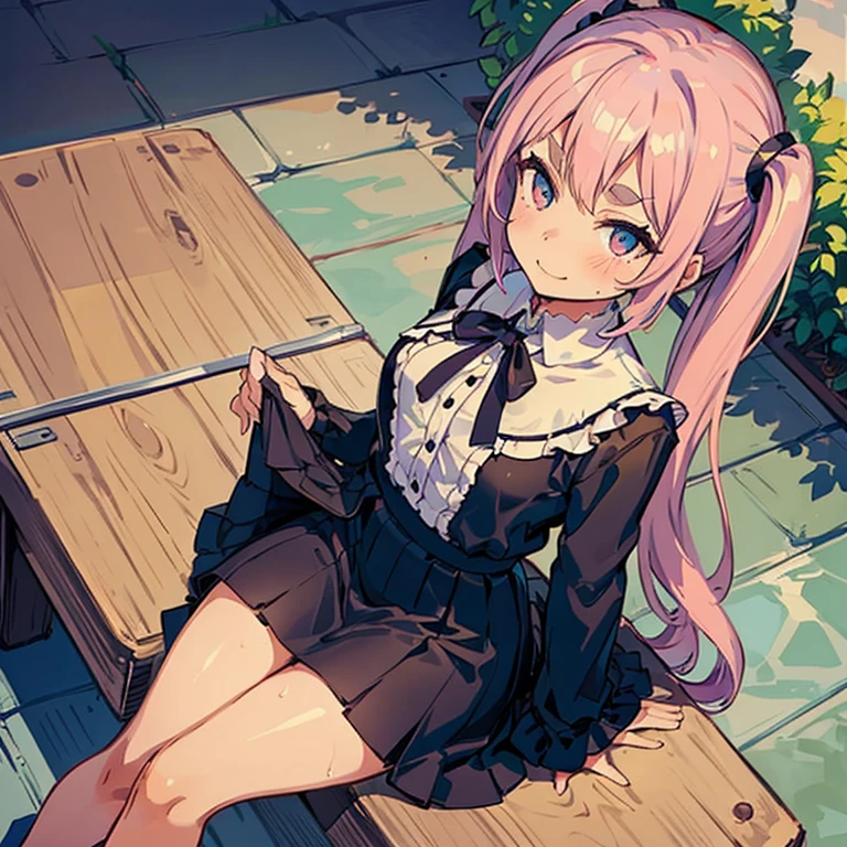 Girl with pink hair, long twintail hairstyle, ((small bushy eyebrows)), wearing gothic lolita clothing, lolicon , walking to school, flirty smile,, bored look, bored face,, (sitting with legs open lifting her skirt to show her vagina wet with semen) , male pov, looking from above view