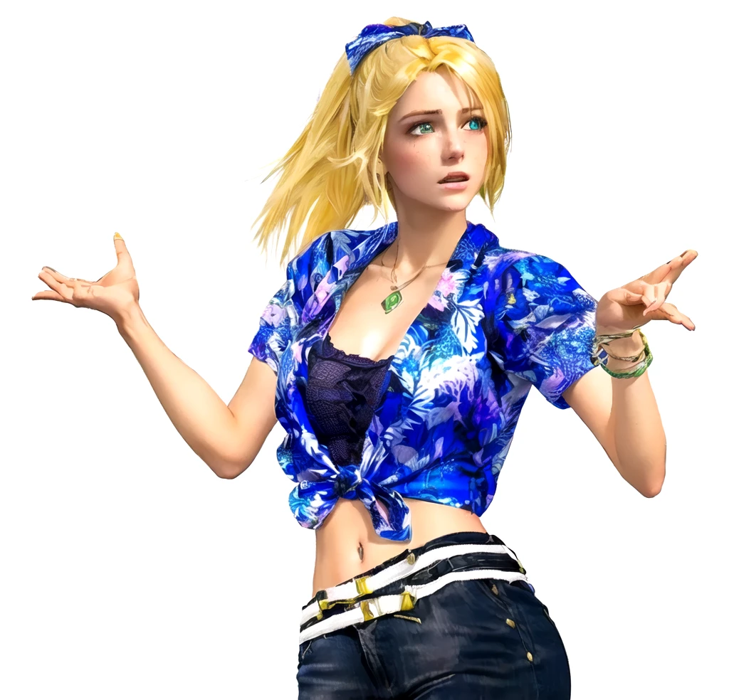 a close up of a blonde girl with a shirt on and right thump up, she's European, as a character in Out Run 2, of SEGA, 3D CG, Clarissa, 2k, 2 k, she has three bracelets on her left wrist, she is smiling. realistic, render of april, fighting game character, nina from tekken, shirt has some hawaiaan motif on it, she has a foulard tied over her head like a ribbon, she wears no bra