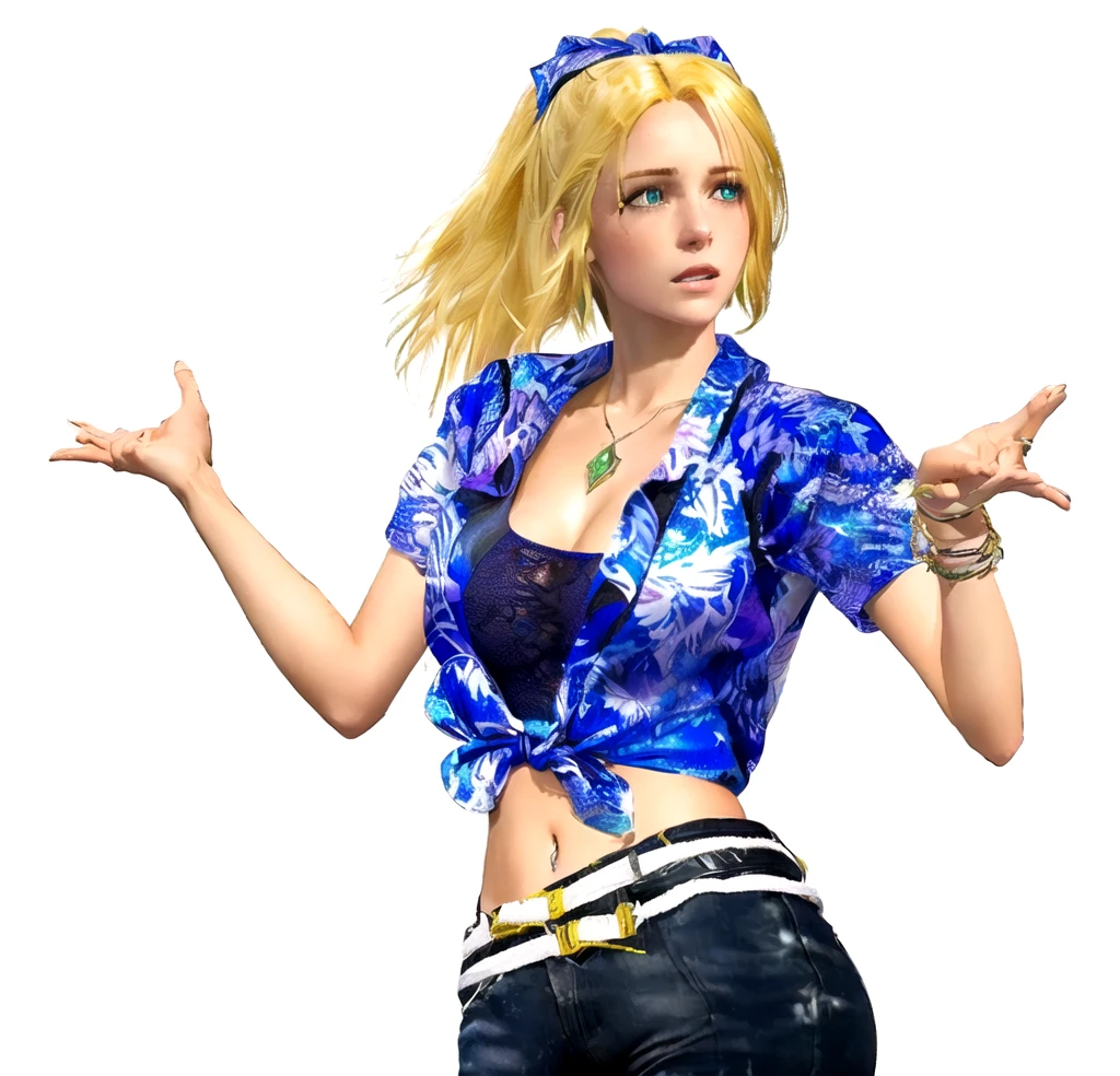 she's European, blonde hair, olive green eyes, (eyes turned to look at the camera), swedish, as a character in Out Run 2, of SEGA, 3D CG from the 2000s, Clarissa, 2k, 2 k, ((perplexed face)), realistic, render of april, fighting game character, nina from tekken, bright clean face, from devil may cry, hawaiian shirt, no bra, foulard tied on her head, hands to the sky as to say "what happened?", frowned wide open eyes