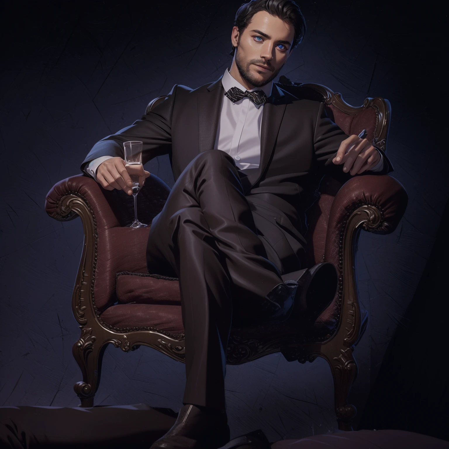 man, Man sitting on a chair, The man is dressed in a suit, masterpiece, Best quality, amazing, beautiful подробные, finely detailed, depth of field, чрезвычайно подробные обои CG Unity 8k, whole body, (detailed face:1.2), (detailed eyes:1.2), whole body,