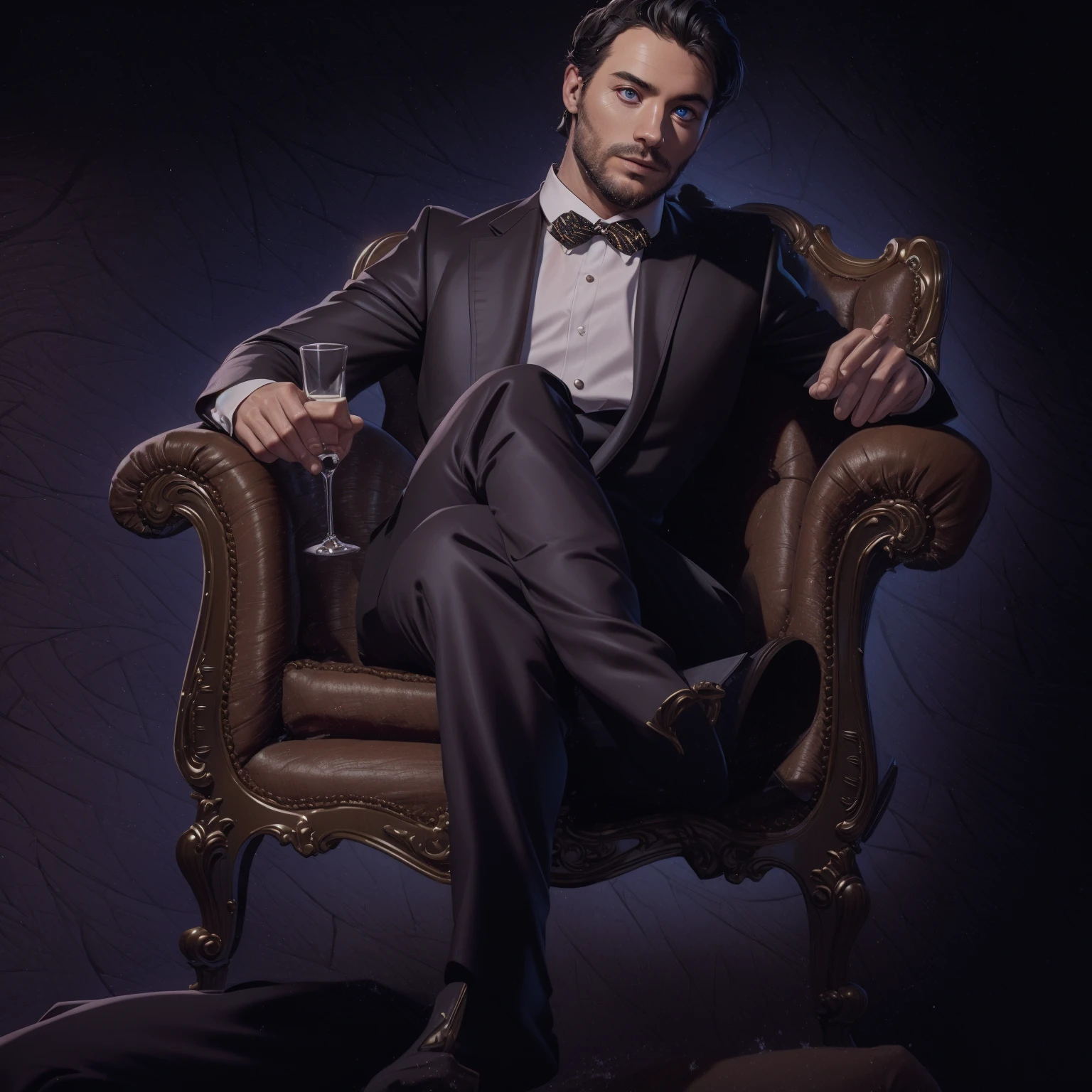 man, Man sitting on a chair, The man is dressed in a suit, masterpiece, Best quality, amazing, beautiful подробные, finely detailed, depth of field, чрезвычайно подробные обои CG Unity 8k, whole body, (detailed face:1.2), (detailed eyes:1.2), whole body,