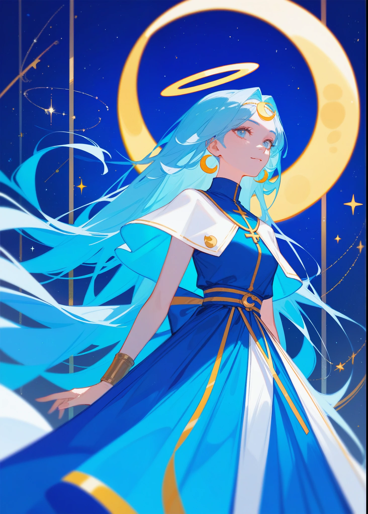 (Fraction_9,Fraction_8_Direction_7_up),1 Woman，（（whole body）），Moon Goddess，Ball head，Blessing of Elune，There is a crescent moon behind，High Priest，Blue Hair，White眼睛，light blue colored skin，There is a six-pointed star on the clothes，White，Metal pattern at waist，Long skirt，Bare legs，