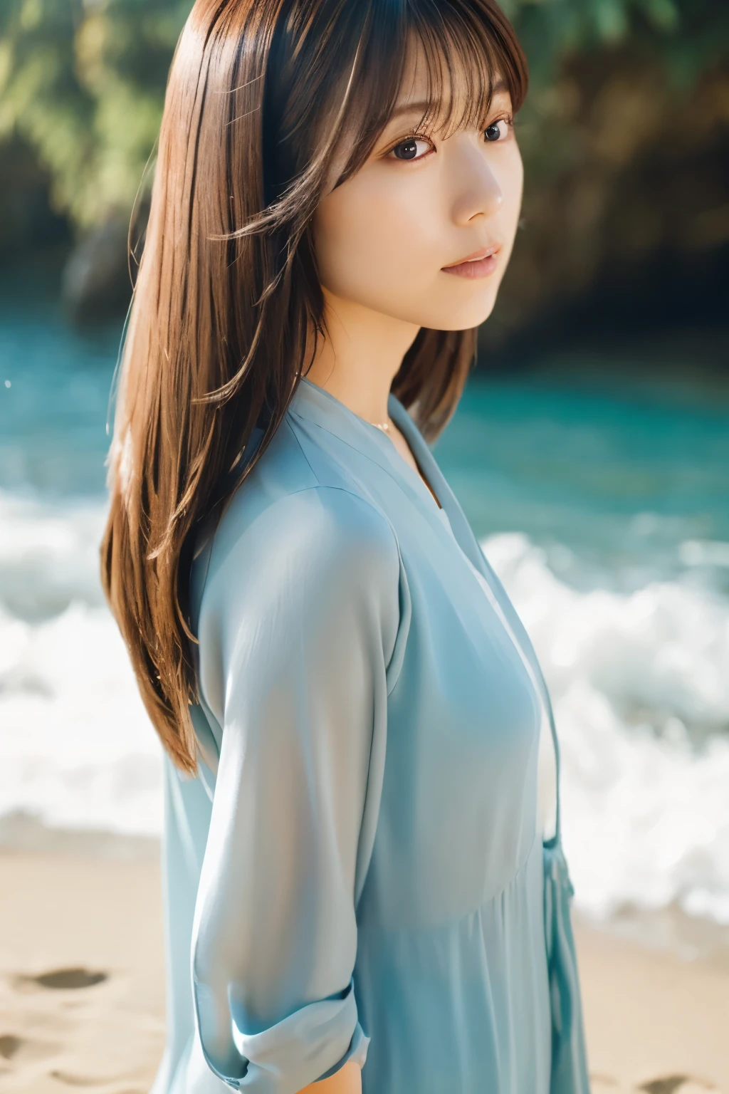 Top quality, realistic, perfect human body structure, very detailed, very delicate and beautiful, RAW photography, beach, professional lighting, luminescence, depth of field, single focal, full body, Skinny Japanese lady, 30 year old lady, brown hair, small head, beautiful eyes, real face, realistic skin, detailed eyes, (fashionable hairstyle: 1.3), sexy pose, absurderes, Incredibly Ridiculous res, Extremely fine, Blouse