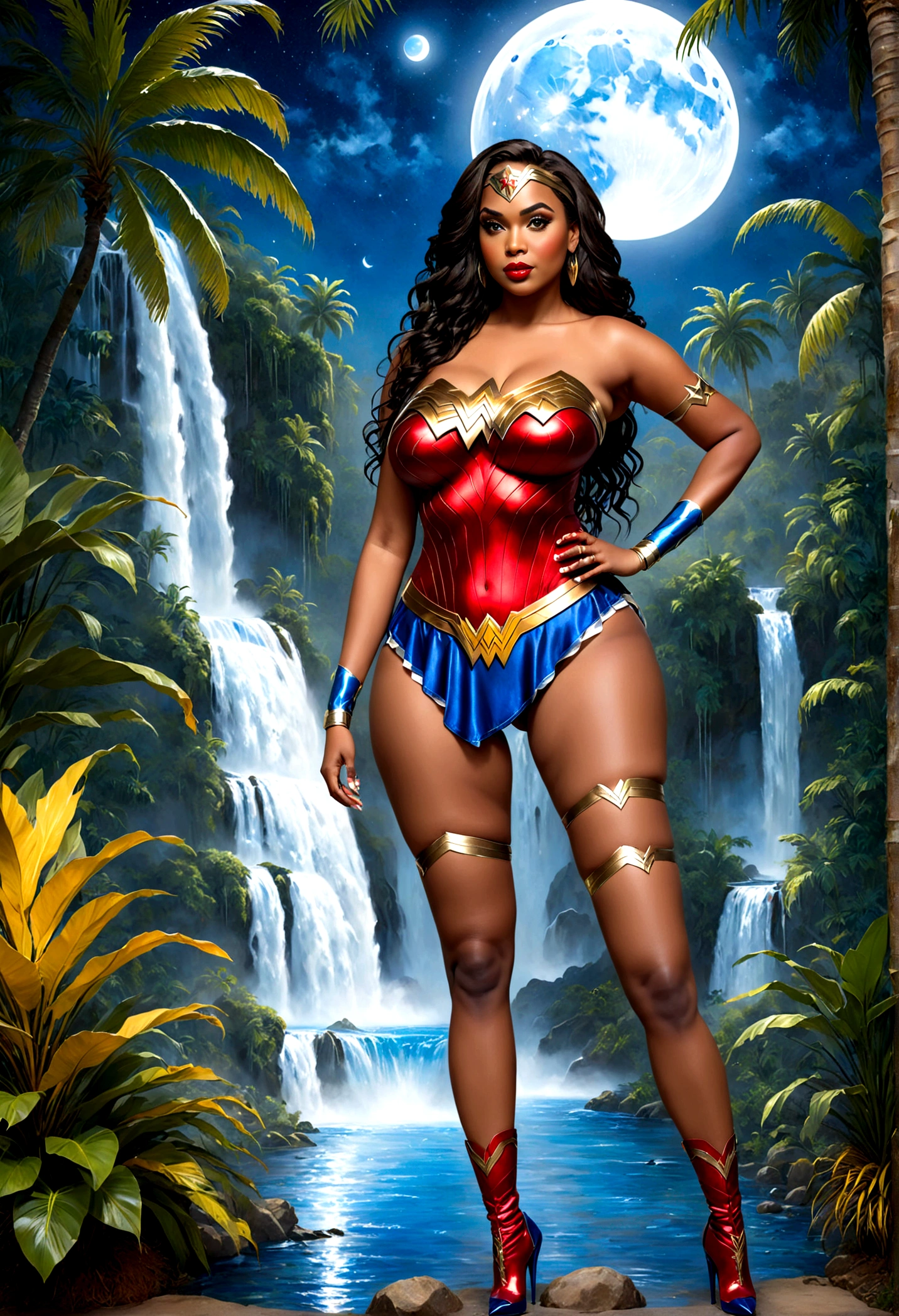 FULL BODY VIEW: 4K glossy oil painting of a plus-size African American woman as Wonder woman, standing in full body view, in a pose, wearing a wonder woman inspired top with blue jeans, detailed high heels boots & matching handbag. background beautiful outdoor waterfall with tropical plants & palm trees. The scene is set at night with a moon in the sky.