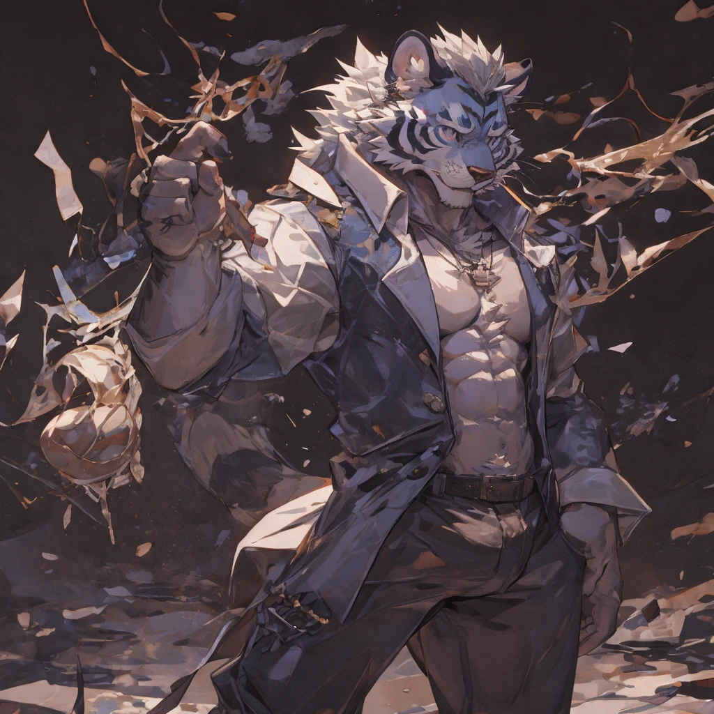 {{bara extremely handsome white tiger,}} {{white fur,}} white, wearing elegant ornate suit jacket, trousers, white dress shirt and necktie, white fluffy furry body and limbs, loafers, very tall, very broad shoulders, narrow waist, muscular arms, massive pecs, purple eyes, very long legs, massive bulge, sophisticated hot look, 3/4 view, best quality, high detail, CG image, character splash art, silver earring on left ear, sultry smirk