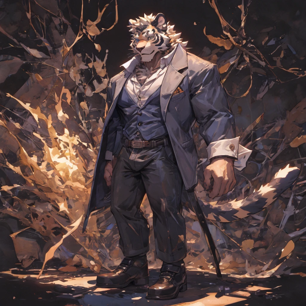 {{bara extremely handsome white tiger,}} {{white fur,}} white, wearing elegant ornate suit jacket, trousers, white dress shirt and necktie, white fluffy furry body and limbs, loafers, very tall, very broad shoulders, narrow waist, muscular arms, massive pecs, purple eyes, very long legs, massive bulge, sophisticated hot look, 3/4 view, best quality, high detail, CG image, character splash art, silver earring on left ear, sultry smirk
