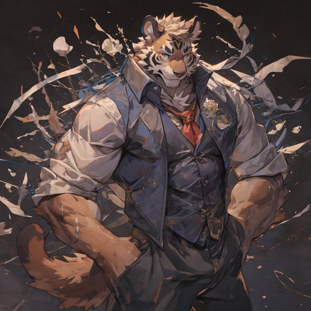 {{bara extremely handsome white tiger,}} {{white fur,}} white, wearing elegant ornate suit jacket, trousers, white dress shirt and necktie, white fluffy furry body and limbs, loafers, very tall, very broad shoulders, narrow waist, muscular arms, massive pecs, purple eyes, very long legs, massive bulge, sophisticated hot look, 3/4 view, best quality, high detail, CG image, character splash art, silver earring on left ear, sultry smirk