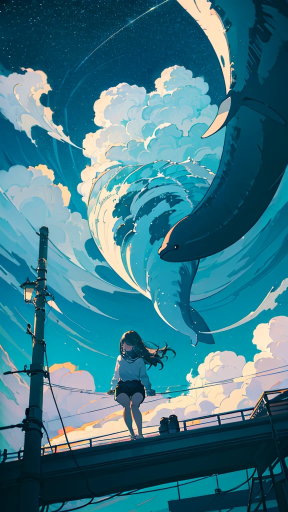 masterpiece, Exquisite detail,Highest quality, One girl, alone, handrail, cloud, Looking up at the buildings,Long Hair, NULL, Long sleeve, Power lines, White footwear, Black Hair, View your viewers, Electric pole, bangs, cloudy NULL, fish, bird, Green Eyes, Shorts, Day, Black Shirt, barefoot,Whale flying in the sky,Giant whale,night,star,milky way,night,Pitch black,Buildings,Sitting, High quality anime art style,Standing painting,Splash ink background,Blue Themes