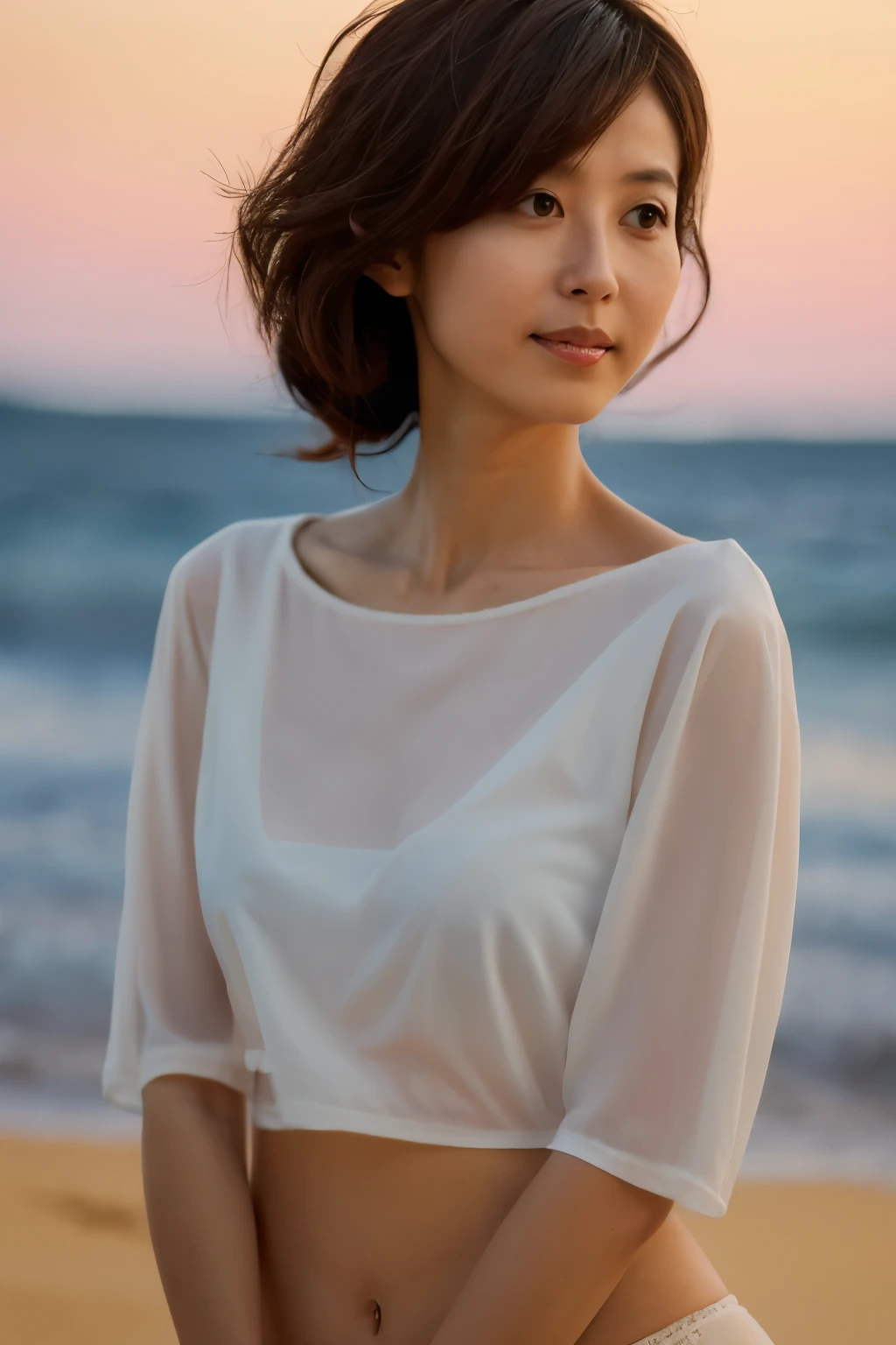 Top quality, realistic, perfect human body structure, very detailed, very delicate and beautiful, RAW photography, beach, professional lighting, luminescence, depth of field, single focal, full body, Skinny Japanese lady, 30 year old lady, brown hair, small head, beautiful eyes, real face, realistic skin, detailed eyes, (fashionable hairstyle: 1.3), sexy pose, absurderes, Incredibly Ridiculous res, Extremely fine, Blouse