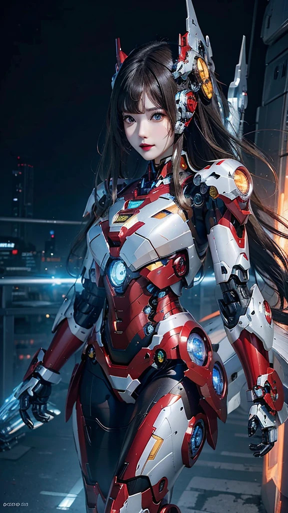 Super detailed, advanced details, high quality, 最high quality, High resolution, 1080P, Hard disk, beautiful,(Iron Girl),Beautiful cyborg woman,Mecha Cyborg Girl,battle mode,Mecha body girl,She wears an Iron Man mech,full body shot