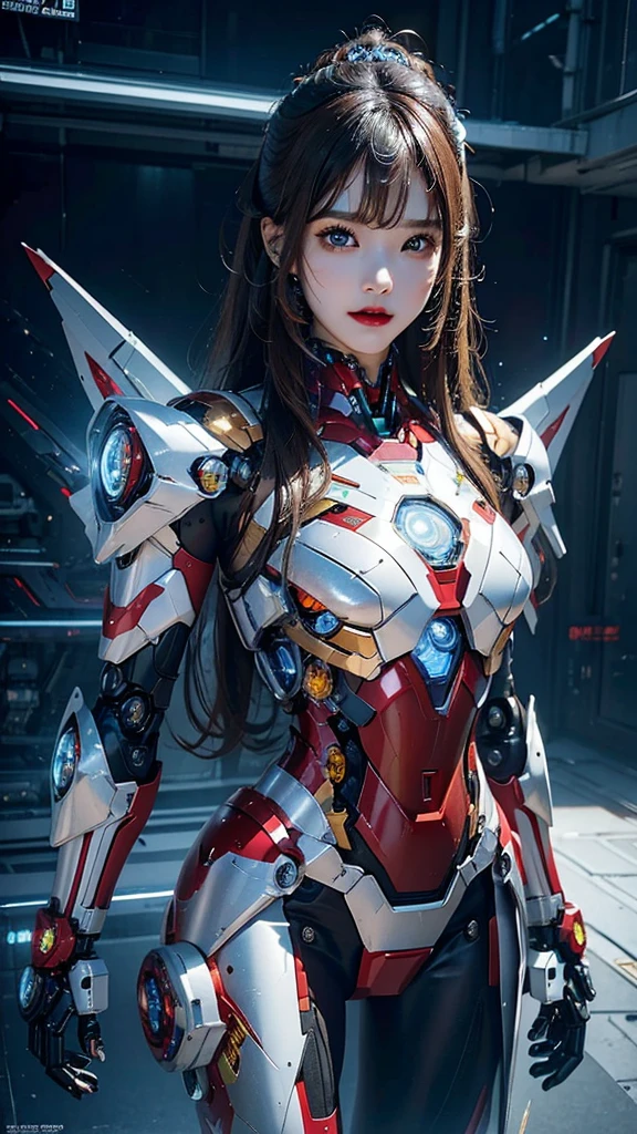 Super detailed, advanced details, high quality, 最high quality, High resolution, 1080P, Hard disk, beautiful,(Iron Girl),Beautiful cyborg woman,Mecha Cyborg Girl,battle mode,Mecha body girl,She wears an Iron Man mech,full body shot