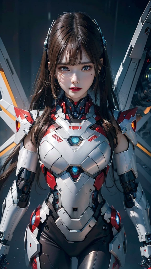 Super detailed, advanced details, high quality, 最high quality, High resolution, 1080P, Hard disk, beautiful,(Iron Girl),Beautiful cyborg woman,Mecha Cyborg Girl,battle mode,Mecha body girl,She wears an Iron Man mech,full body shot