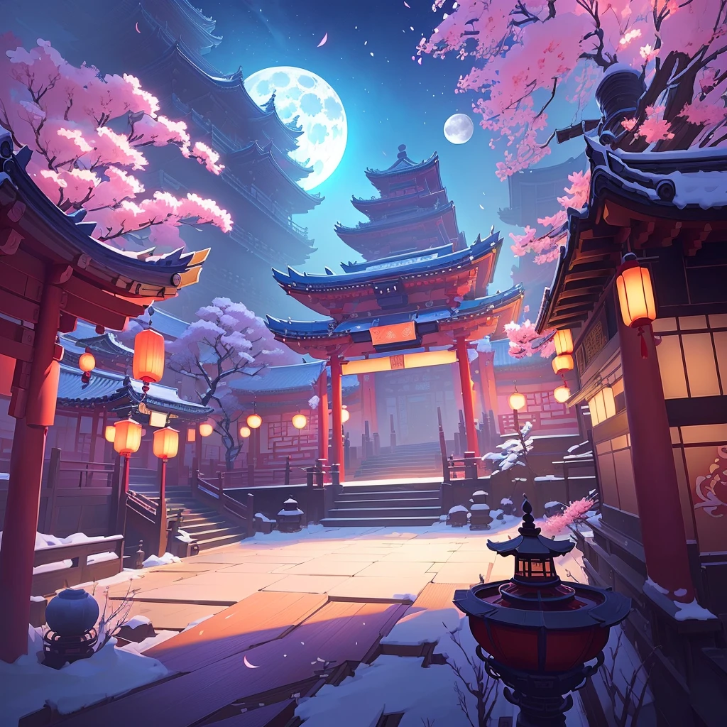 Anime style illustration of a Japanese temple，Full moon in the background, Onmyoji detailed art, background technology, Dreamy Chinatown, Ross Chen. Landscape background, Just a joke, g liulian art style, A beautiful artistic illustration, By Ryan Yee, stylized concept art, Stunning art style, Colorful concept art, Mobile game background