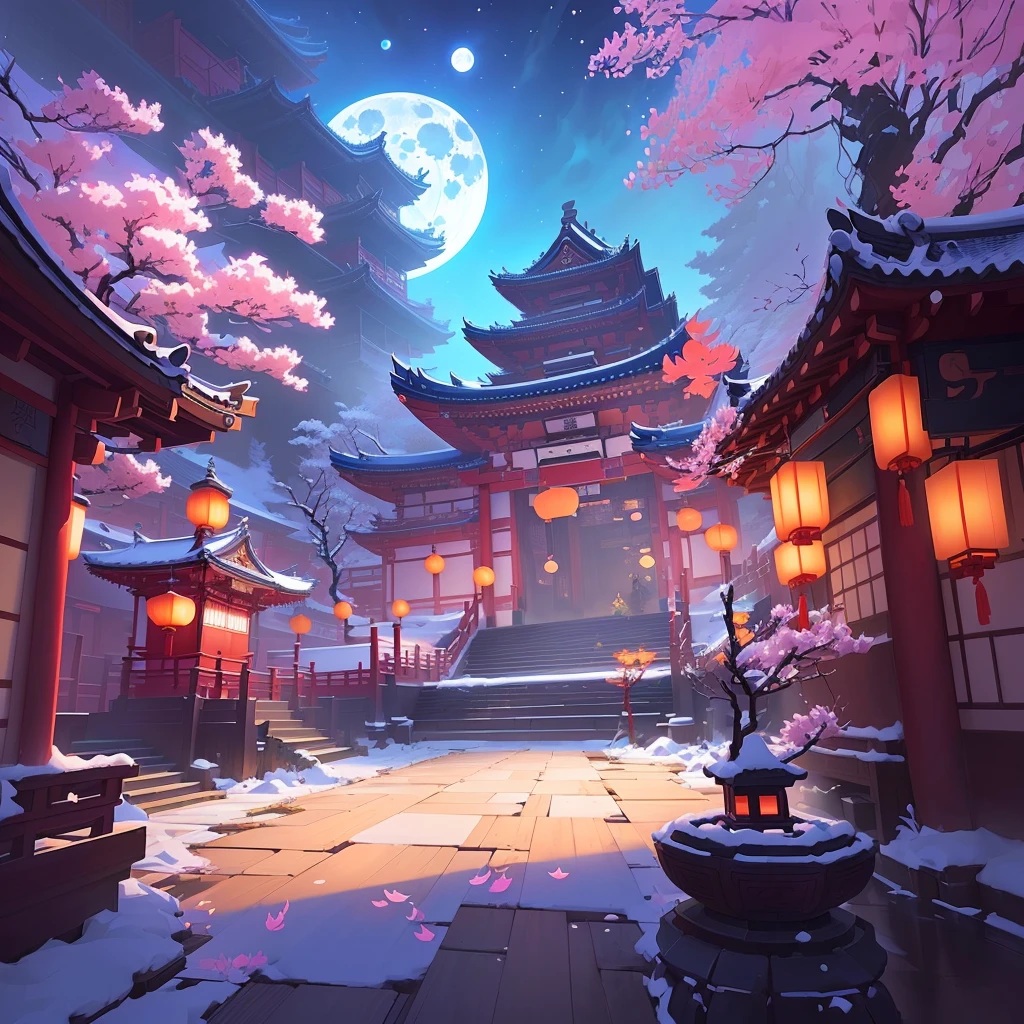 Anime style illustration of a Japanese temple，Full moon in the background, Onmyoji detailed art, background technology, Dreamy Chinatown, Ross Chen. Landscape background, Just a joke, g liulian art style, A beautiful artistic illustration, By Ryan Yee, stylized concept art, Stunning art style, Colorful concept art, Mobile game background