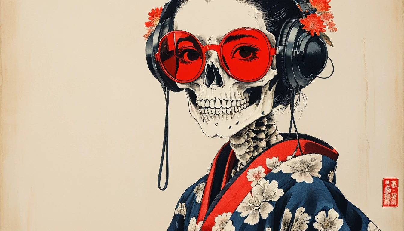 Female skeleton wearing a kimono,Lens Sunglasses, Katsushika Hokusai, Ink Painting, Japanese style headphones, Modern ukiyo-e style, Red Eyes