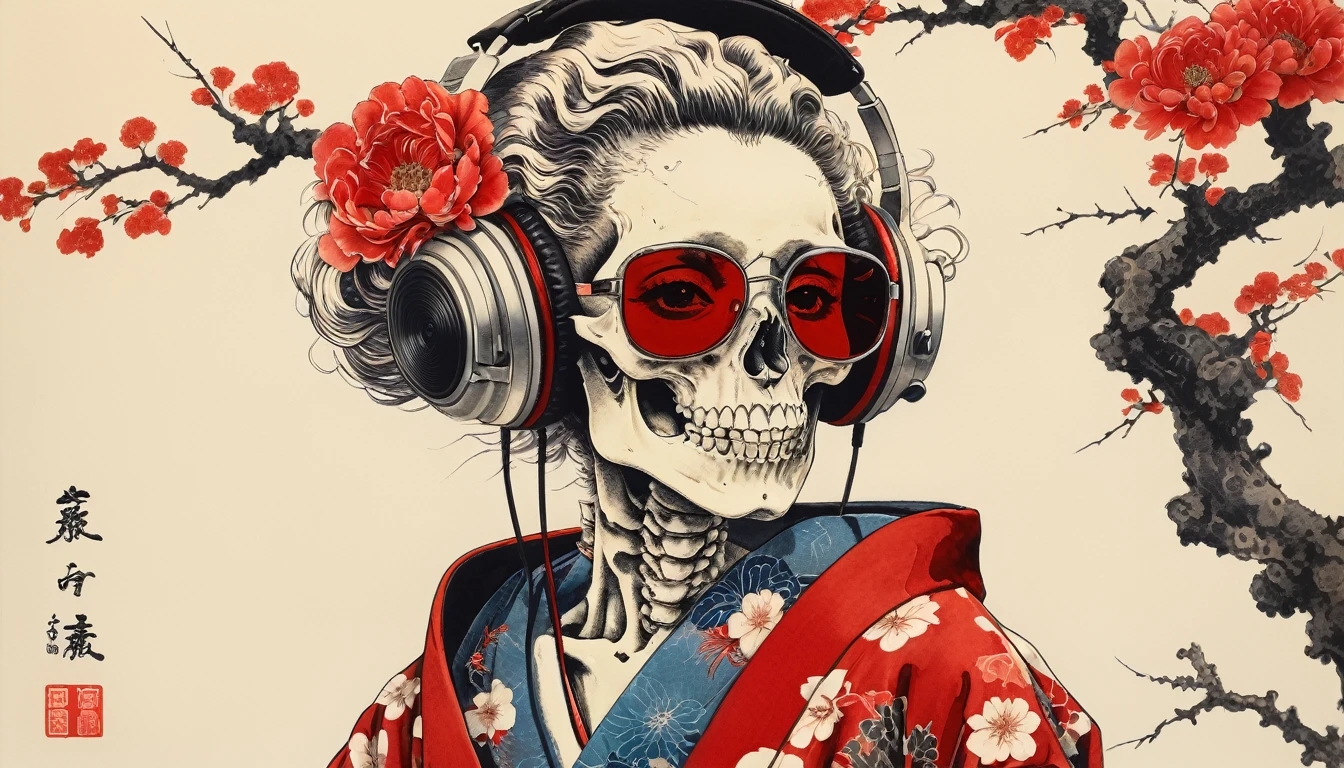 Female skeleton wearing a kimono,Lens Sunglasses, Katsushika Hokusai, Ink Painting, Japanese style headphones, Modern ukiyo-e style, Red Eyes