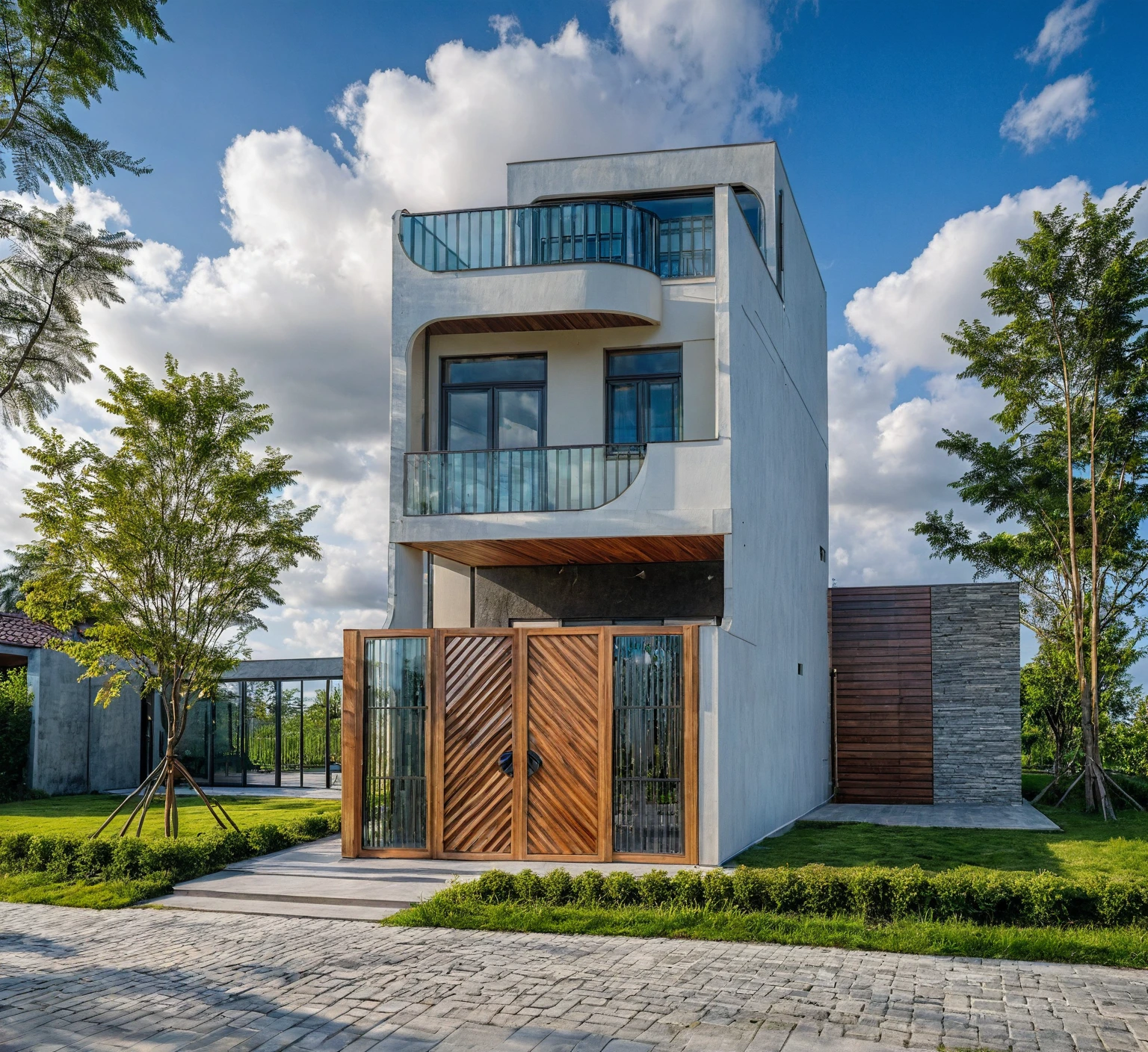 Raw photo,Masterpiece, high quality, best quality, authentic, super detail,
exterior, outdoors, house style modern on the street, glass windows, gate, wooden ceiling,
road,pavement, trees, sky, cloud, (daylight:1.1)