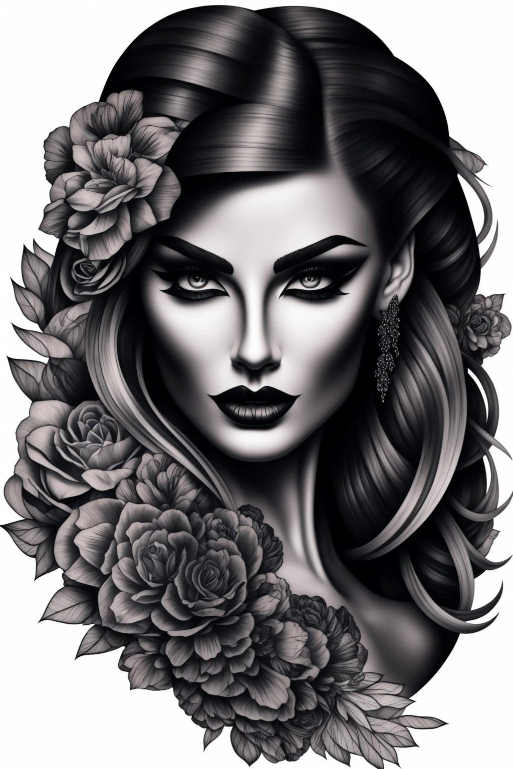 Intricately drawn chican woman with an alluring black and gray make up design, showcasing sharp and defined features against a pristine White background. The monochrome palette highlights the striking contrasts of her bold tattoo art, each line and shade meticulously rendered to capture the essence of this captivating figure. The overall image exudes a sensual and mysterious atmosphere, perfect for a high quality printing or digitl art.
black and white domain, sharp details, White background, chican woman, make up, hight contrast, monochrome, bold tattoo, Complex art, captivating figure, high quality printing, digitl art.