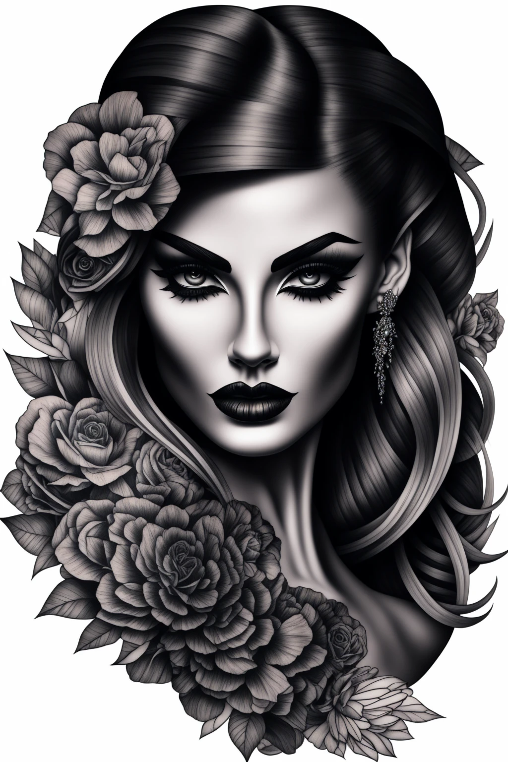 Intricately drawn chican woman with an alluring black and gray make up design, showcasing sharp and defined features against a pristine White background. The monochrome palette highlights the striking contrasts of her bold tattoo art, each line and shade meticulously rendered to capture the essence of this captivating figure. The overall image exudes a sensual and mysterious atmosphere, perfect for a high quality printing or digitl art.

black and white domain, sharp details, White background, chican woman, make up, hight contrast, monochrome, bold tattoo, Complex art, captivating figure, high quality printing, digitl art.