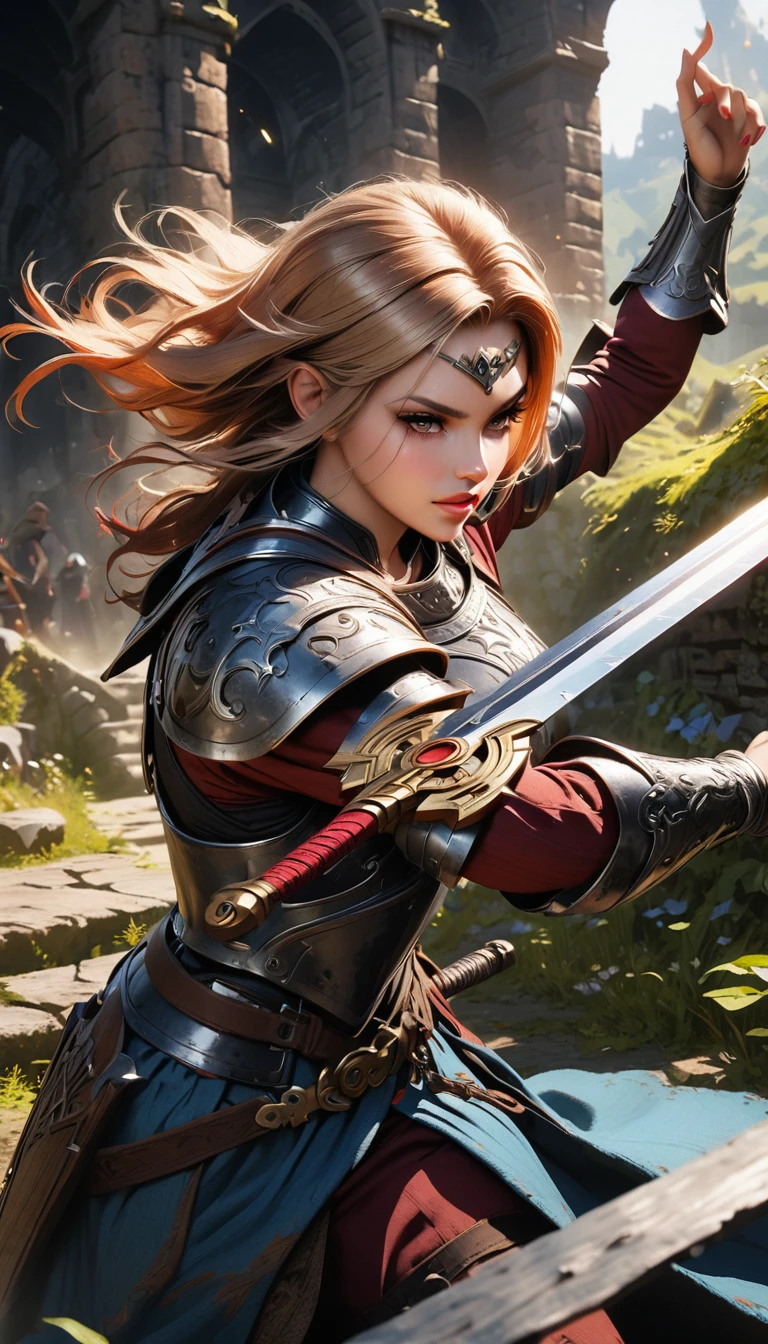A female warrior in the Legend of Zelda, highly detailed face, beautiful eyes, long eyelashes, detailed armor, medieval fantasy setting, epic sword fight, dynamic pose, dramatic lighting, vibrant colors, cinematic composition, digital painting, unreal engine, hyper realistic, 8k, best quality, masterpiece
