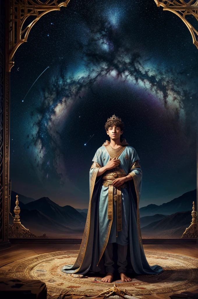 "A young boy, with an ethereal glow, stands at the center of a vast, cosmic expanse. His eyes, filled with infinite wisdom, reflect the entire universe—galaxies, stars, and nebulae swirling within them. His attire is a blend of ancient and futuristic, with elements that symbolize knowledge and power, such as a radiant crown and a flowing robe adorned with cosmic patterns. Around him, celestial beings bow in reverence, and ancient scrolls hover, inscribed with the secrets of existence. The background is a tapestry of the cosmos, with planets and constellations forming a harmonious symphony of light and color. The scene should exude a sense of omnipotence and serenity, capturing the moment a boy transcends into godhood, knowing all the mysteries of the universe."