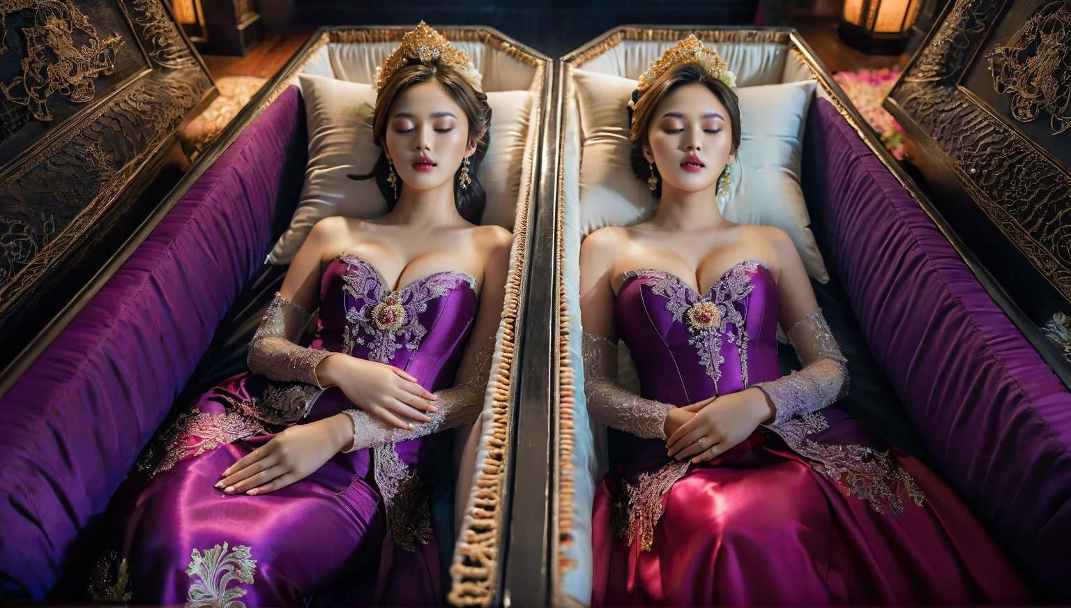 In a striking 8K HDR scene, a stunning Korean woman, 22 years old, lies peacefully in a black coffin surrounded by plush pillows. The deep box is set against a rich black background, accentuating the beauty of the subject. Her exquisite kebaya attire is embroidered with superb detail, showcasing her round and firm breasts, perfect cleavage, and beautiful eyebrows. Her closed eyes and mouth give an air of serenity, while her visible and absolute cleavage leave nothing to imagination. The scene is bathed in saturated colors, highlighting every intricate aspect from the ball skirt to her clean face.